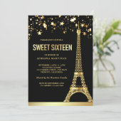 Gold Foil Stars Eiffel Tower Black Sweet Sixteen Invitation (Standing Front)