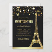 Gold Foil Stars Eiffel Tower Black Sweet Sixteen Invitation (Front)
