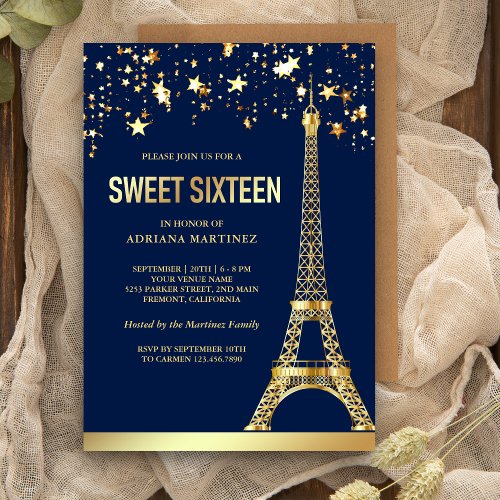 Gold Foil Stars Eiffel Tower Navy Sweet Sixteen Invitation