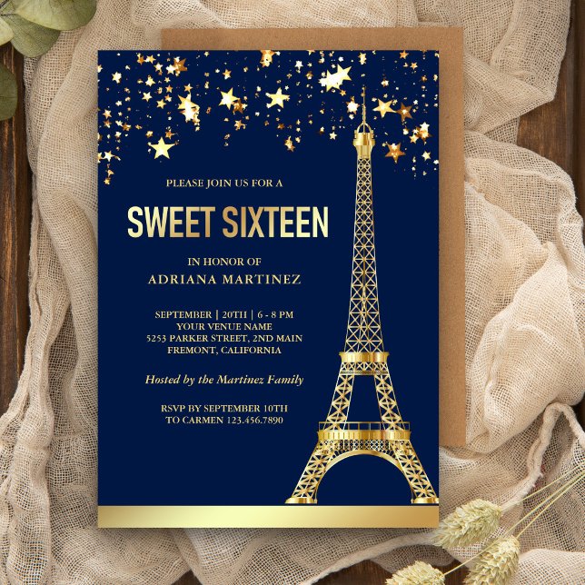 Gold Foil Stars Eiffel Tower Navy Sweet Sixteen Invitation (Creator Uploaded)