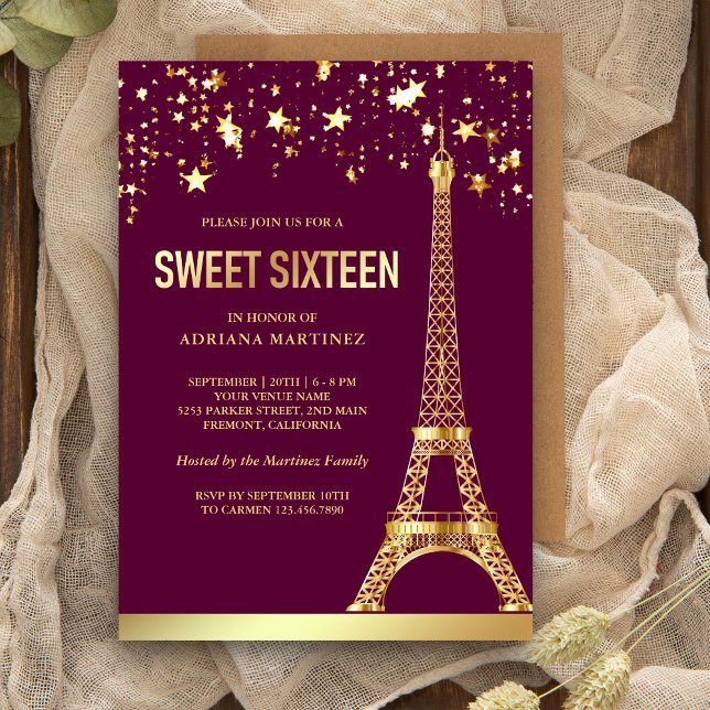 Gold Foil Stars Eiffel Tower Pink Sweet Sixteen Invitation (Creator Uploaded)