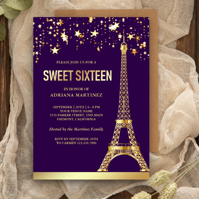 Gold Foil Stars Eiffel Tower Purple Sweet Sixteen Invitation