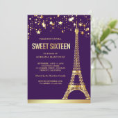 Gold Foil Stars Eiffel Tower Purple Sweet Sixteen Invitation (Standing Front)