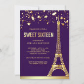 Gold Foil Stars Eiffel Tower Purple Sweet Sixteen Invitation (Front)