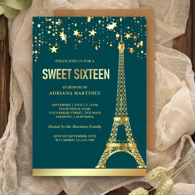Gold Foil Stars Eiffel Tower Teal Sweet Sixteen Invitation