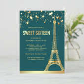 Gold Foil Stars Eiffel Tower Teal Sweet Sixteen Invitation (Standing Front)