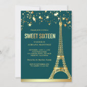 Gold Foil Stars Eiffel Tower Teal Sweet Sixteen Invitation (Front)