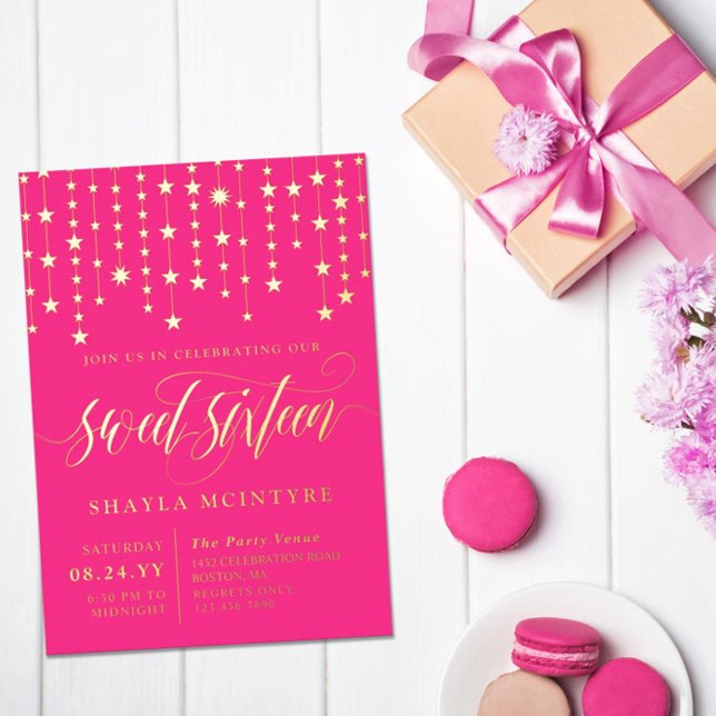 Gold Foil Stars Hot pink Sweet Sixteen Foil Invitation (Creator Uploaded)