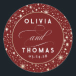 Gold Foil Stars Mystical Celestial Wedding Classic Round Sticker<br><div class="desc">Starry night celestial wedding burgundy red stickers</div>