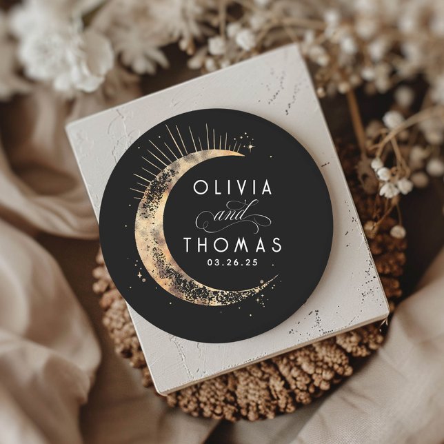 Gold Foil Stars Mystical Celestial Wedding Classic Round Sticker (Moon Sun Black Celestial Stickers)