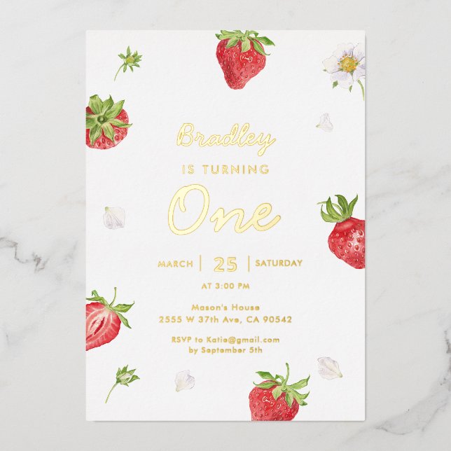 Gold Foil Strawberry Girl First Birthday Foil Invitation (Front)