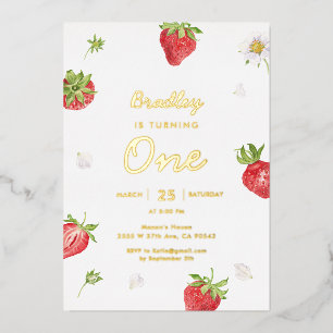 Gold Foil Strawberry Girl First Birthday Invitation