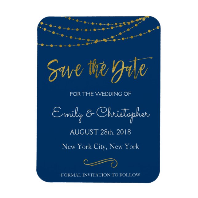 Gold Foil String Lights and Script Save the Date Magnet (Vertical)