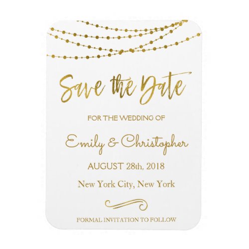 Gold Foil String Lights and Script Save the Date Magnet