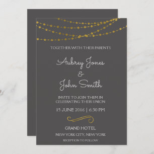 Gold Foil String Lights and Script Wedding Invitation