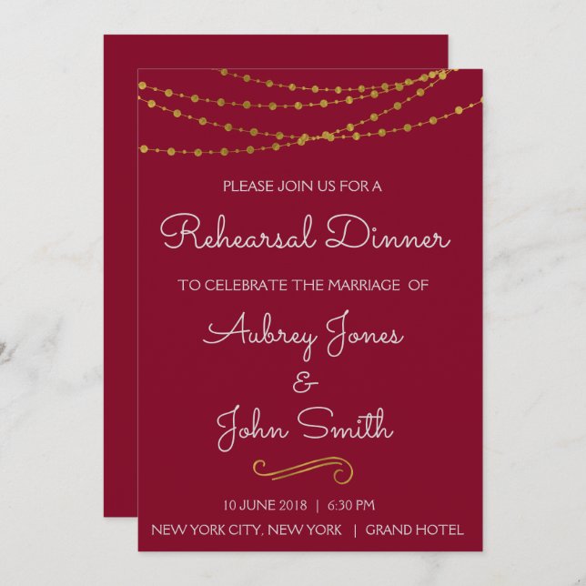 Gold Foil String Lights & Script Rehearsal Dinner Invitation (Front/Back)