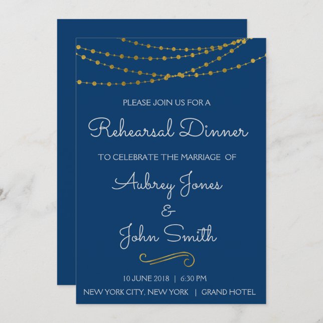 Gold Foil String Lights & Script Rehearsal Dinner Invitation (Front/Back)