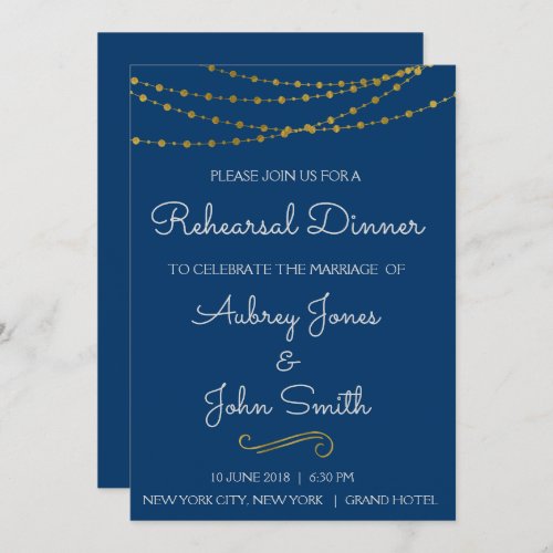 Gold Foil String Lights  Script Rehearsal Dinner Invitation