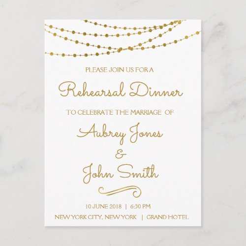 Gold Foil String Lights  Script Rehearsal Dinner Invitation Postcard