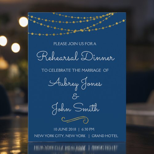 Gold Foil String Lights  Script Rehearsal Dinner Invitation Postcard