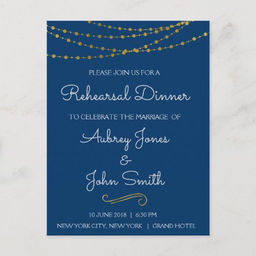 Gold Foil String Lights  Script Rehearsal Dinner Invitation Postcard