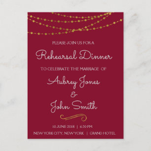 Gold Foil String Lights & Script Rehearsal Dinner Postcard
