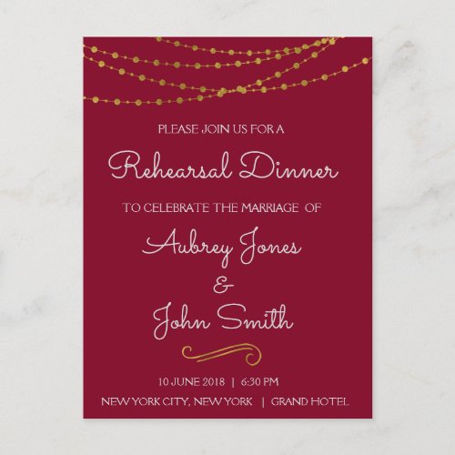 Gold Foil String Lights  Script Rehearsal Dinner Postcard