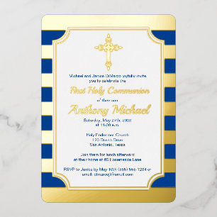 Gold Foil Striped 1st Communion Invite with Cross