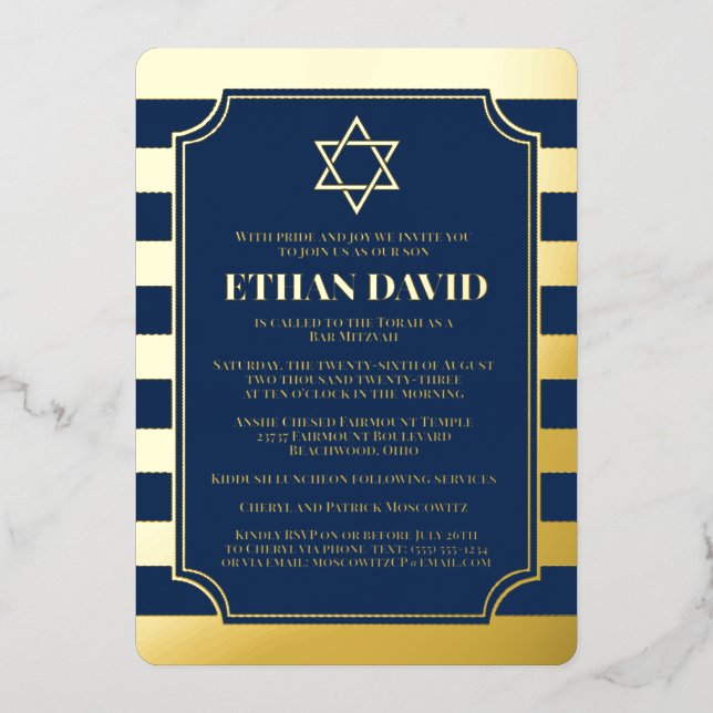 Gold Foil Striped Bar Mitzvah Invite with Star (Front)
