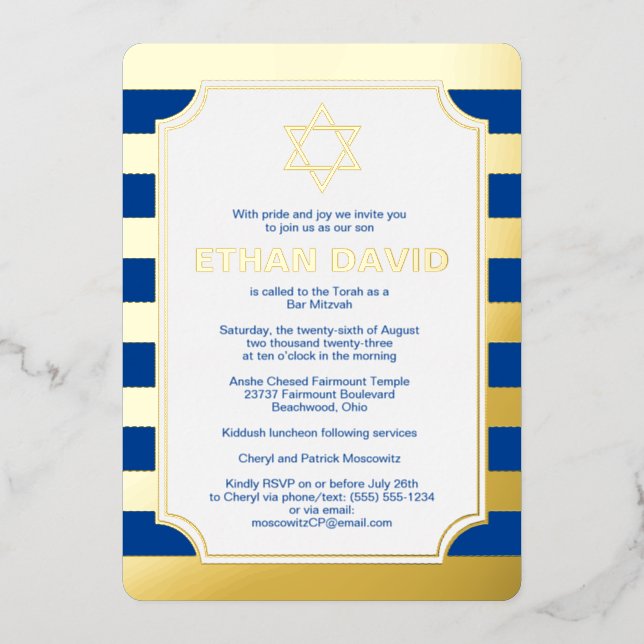 Gold Foil Striped Bar Mitzvah Invite with Star 2 (Front)
