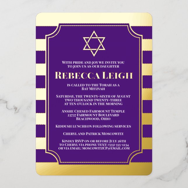Gold Foil Striped Bat Mitzvah Invite with Star (Front)