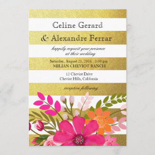 Gold Foil Striped Folklore Flowers Wedding fuchsia Invitation