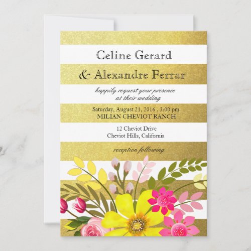 Gold Foil Striped Folklore Flowers Wedding yellow Invitation