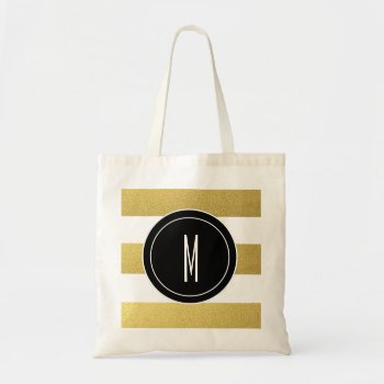 Gold Foil Stripes | Black Monogram Tote Bag by antique_boutique at Zazzle