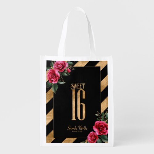 Gold Foil Stripes Floral Black ID757 Grocery Bag