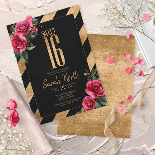 Gold Foil Stripes Floral Black ID757 Invitation