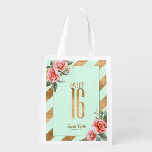 Gold Foil Stripes Floral Mint Green ID757 Grocery Bag