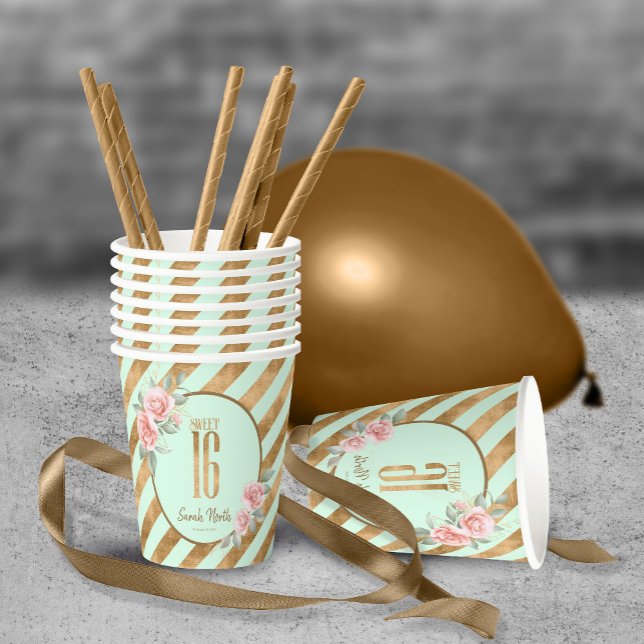 Gold Foil Stripes Floral Mint Green ID757 Paper Cups (Creator Uploaded)