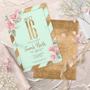 Gold Foil Stripes Floral Mint ID757 Invitation