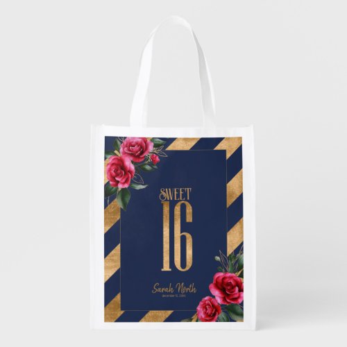 Gold Foil Stripes Floral Navy ID757 Grocery Bag