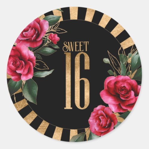 Gold Foil Stripes Floral Sweet Sixteen Black ID757 Classic Round Sticker