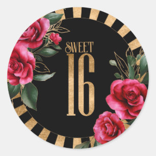 Gold Foil Stripes Floral Sweet Sixteen Black ID757 Classic Round Sticker