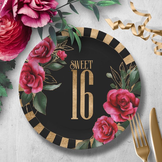 Gold Foil Stripes Floral Sweet Sixteen Black ID757 Paper Plates (Creator Uploaded)