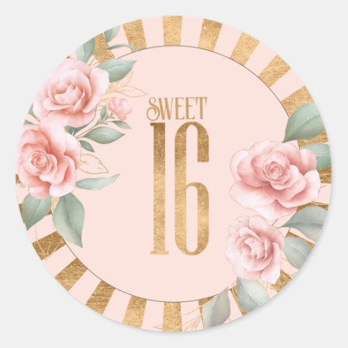 Gold Foil Stripes Floral Sweet Sixteen Blush ID757 Classic Round Sticker