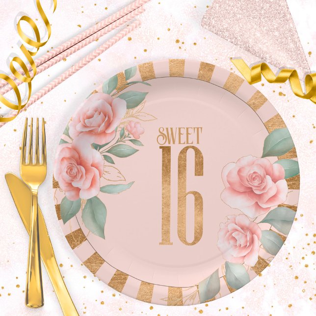 Gold Foil Stripes Floral Sweet Sixteen Blush ID757 Paper Plates (Creator Uploaded)