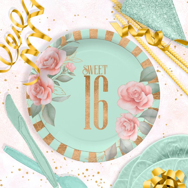Gold Foil Stripes Floral Sweet Sixteen Mint ID757 Paper Plates (Creator Uploaded)