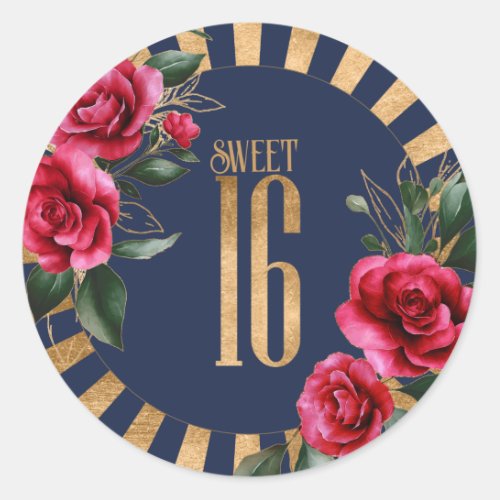Gold Foil Stripes Floral Sweet Sixteen Navy ID757 Classic Round Sticker