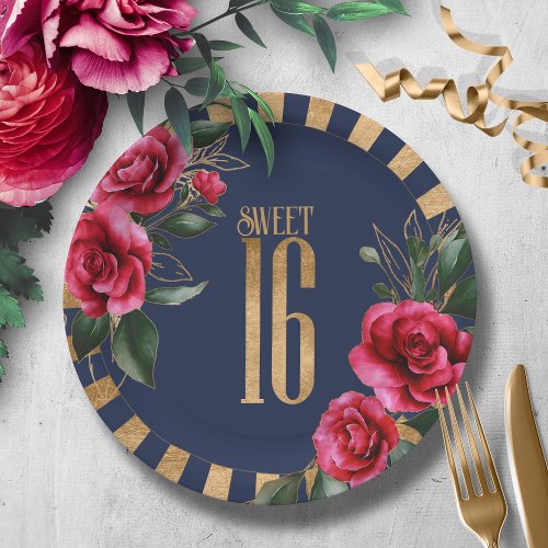 Gold Foil Stripes Floral Sweet Sixteen Navy ID757 Paper Plates