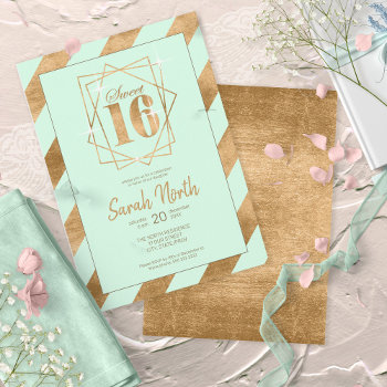 Gold Foil Stripes Frame Sweet 16 Mint Id758 Invitation by arrayforcards at Zazzle