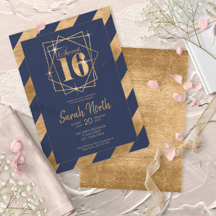 Gold Foil Stripes Frame Sweet 16 Navy ID758 Invitation